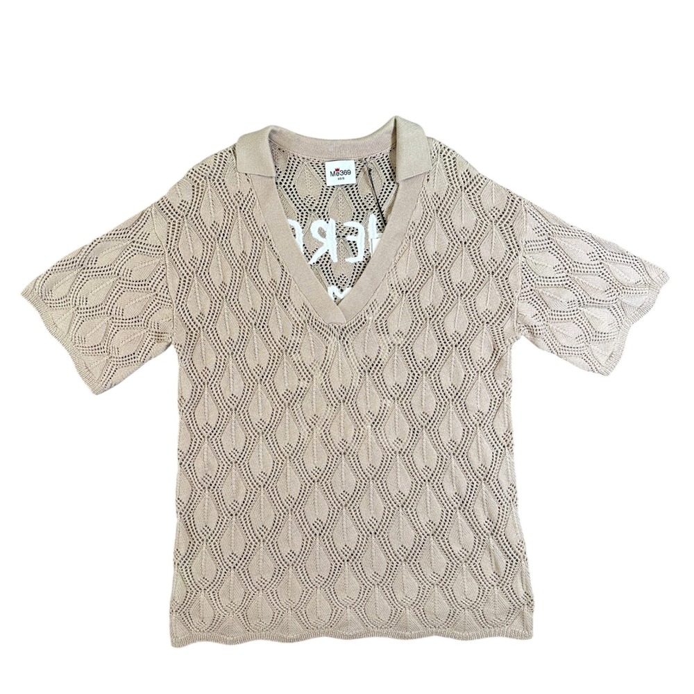 NWT Me369 Beige 100% Wool Pointelle Knit Polo Top V-Neck Graphic Back XS/S 123S